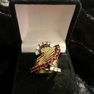 14K Gold Art Deco Free Form Ruby & Diamond Ring